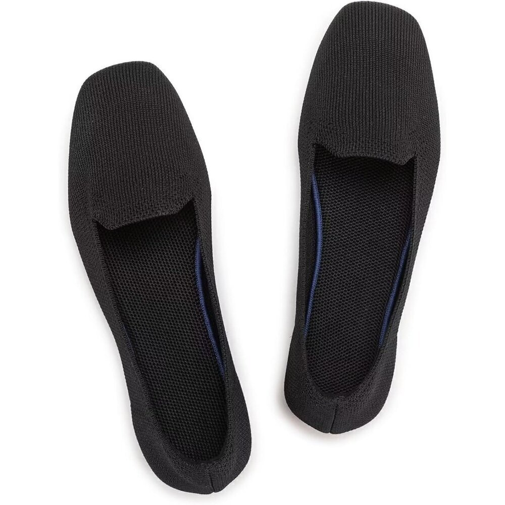 Frank Mully Flat Shoes Women Black Knitted Fabric Square Toe Slip Loafer Shoes